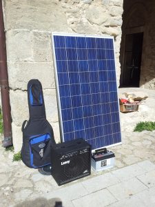The equipment, as in the project by Daniele Pisasale. THe solar charger and the battery were used in many installations during trasformatorio number zero